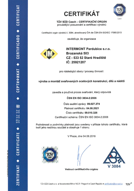 Certifikáty pro výrobu a montáž svařovaných OK, dílů a nádrží   - ČSN EN ISO 3834-2:2006